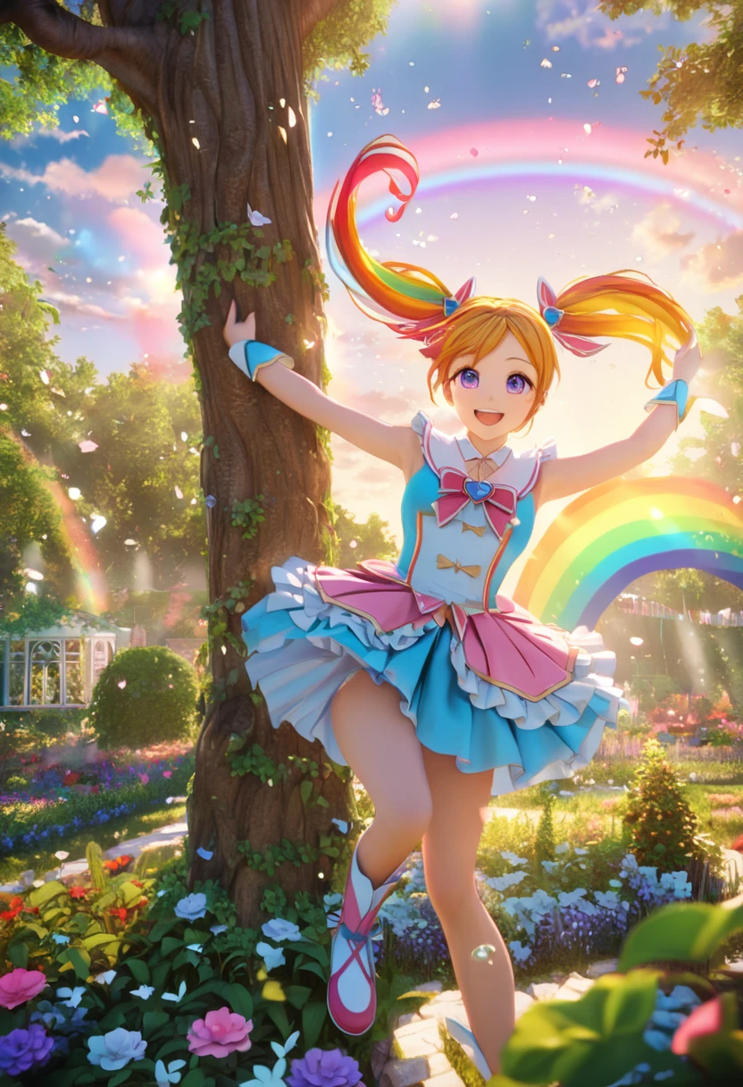 a beautiful magical girl with long rainbow twin tails, a bright smile, jumping from a tall tree in a magical garden, glowing morning sunlight, highly detailed, intricate, photorealistic, 8k, HDR, cinematic lighting, vibrant colors, soft dreamy atmosphere