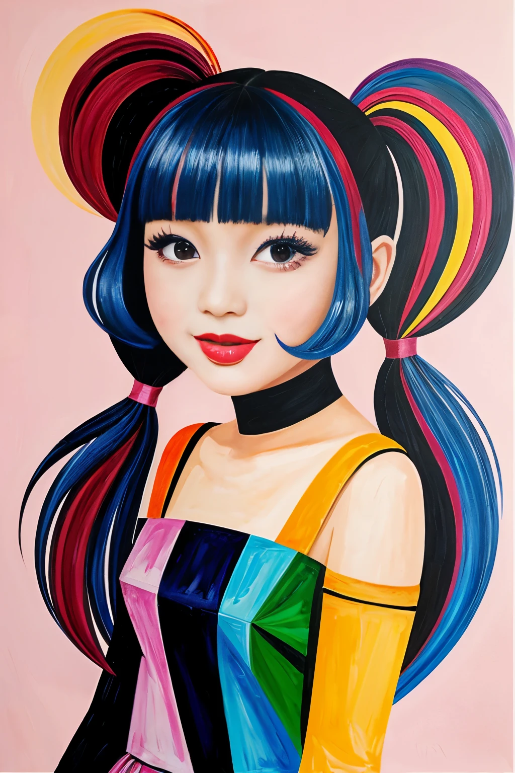 geometrical painting of big twintails girl, contras dress, abstract style , happy, cute, centered, (masterpiece)