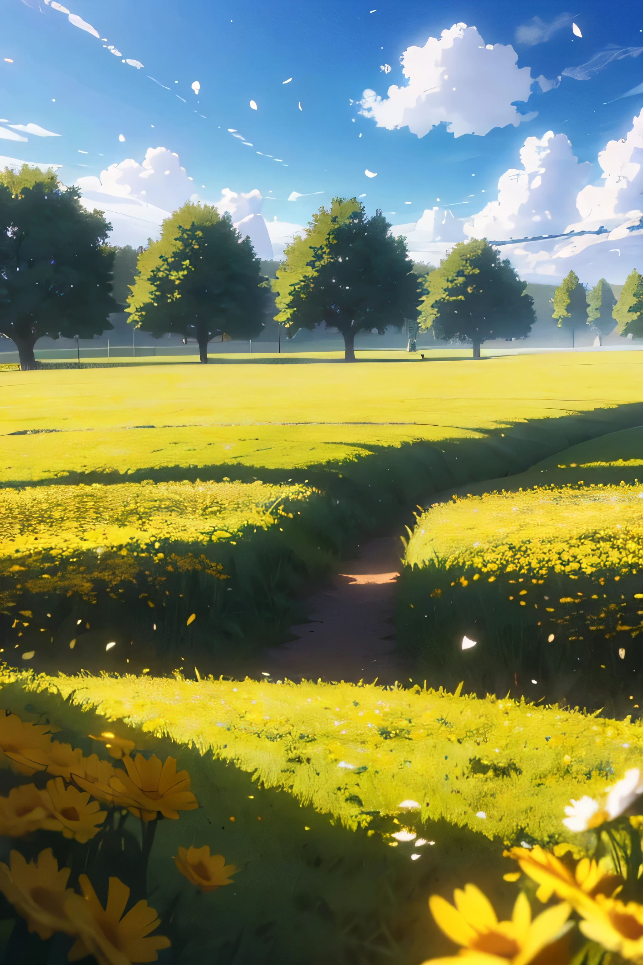 Field of flowers, and petals flying. Animation scene, anime, 3D
