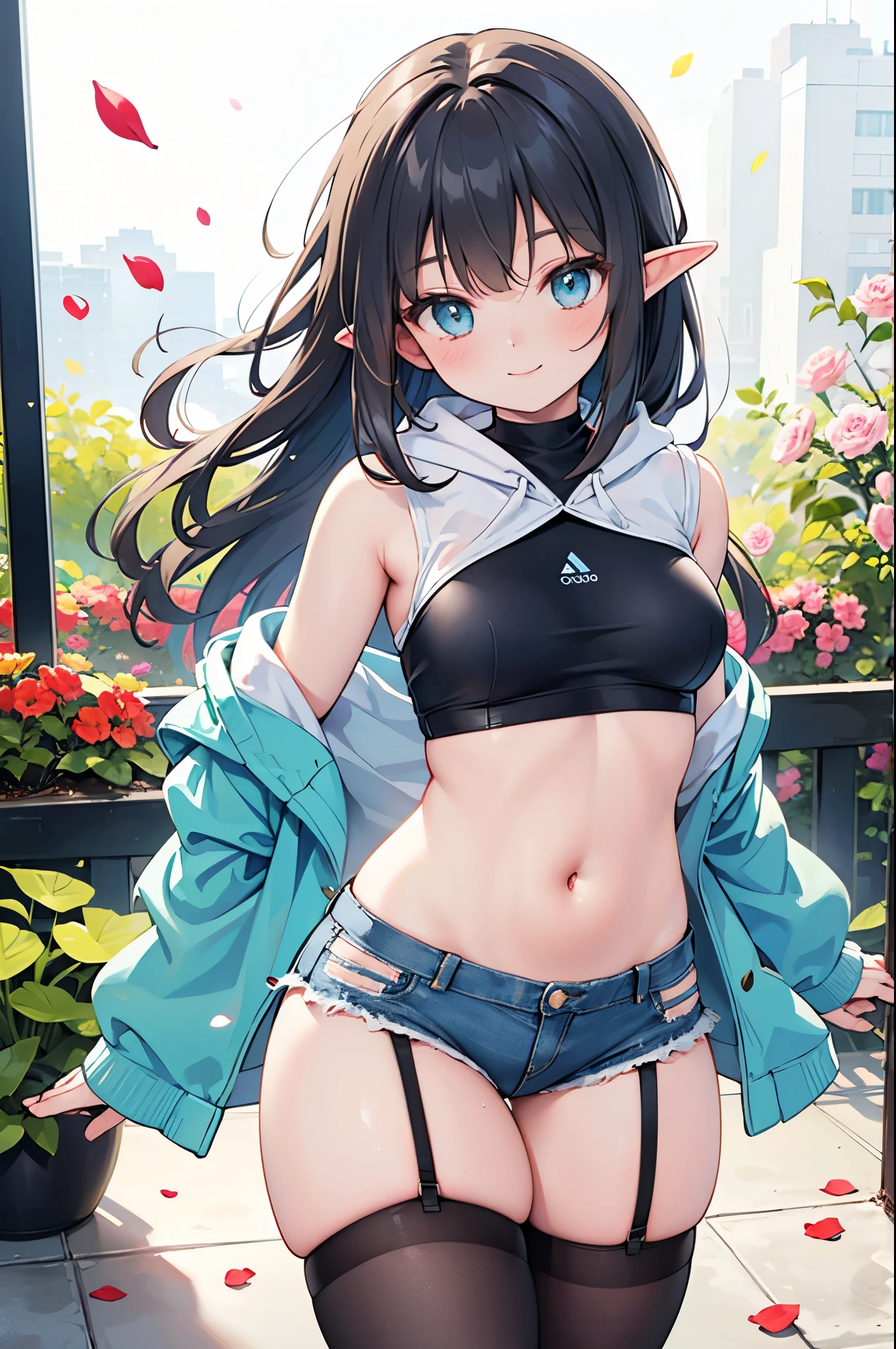 realistic image, detailed image, coherent image, 1 elf, has very long hair, black hair, turquoise eyes, smiling, showing her legs, She has a curvy body, medium breasts and thick thighs, she is wearing a hoodie, mini denim shorts, mid-thigh stockings, garter belts, She is posing sensually, arching her back, sprouting buttocks, falling flower petals, background surrounded by flowers, soft focus, dramatic shadows, volumetric lighting, natural lighting, artificial lighting, white background