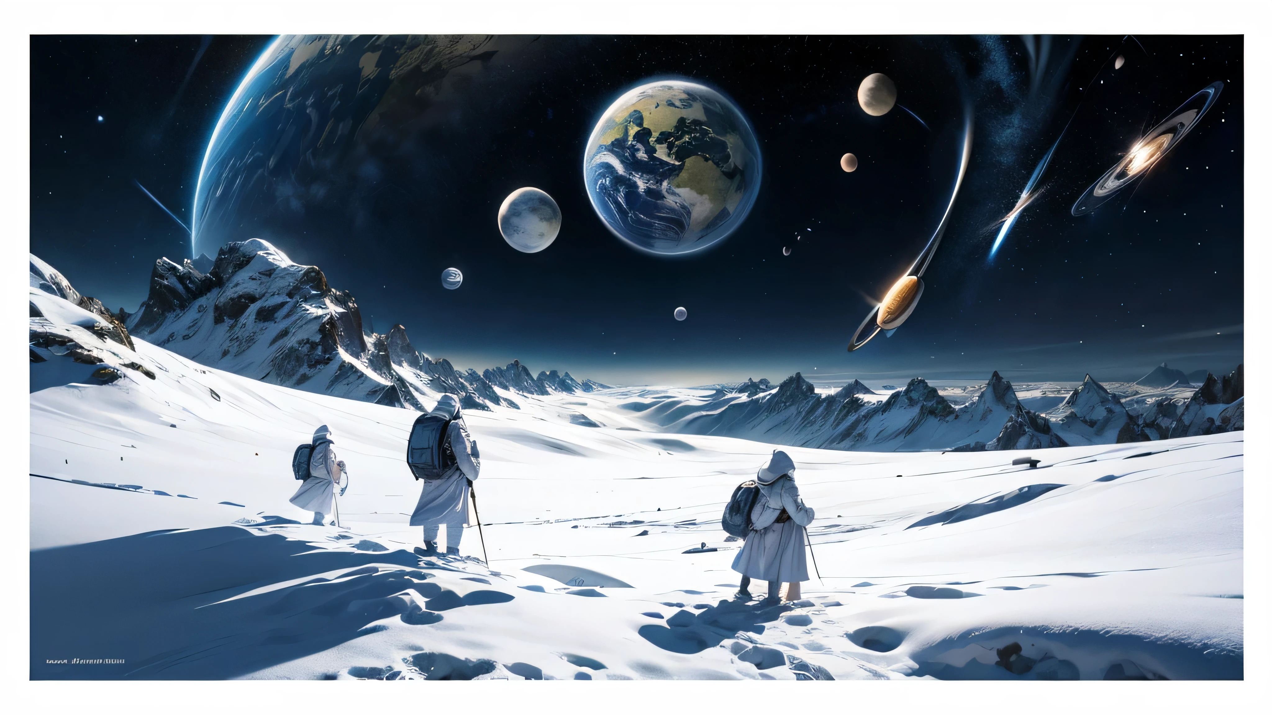 
astrological events Beautiful landing page on white background Vector with people going on a pilgrimage without text and surrounding planets.