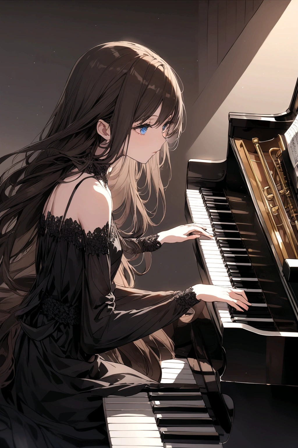 Dark brown hair girl with long silky hair, wearing black dress, blue eyes, playing the piano, 