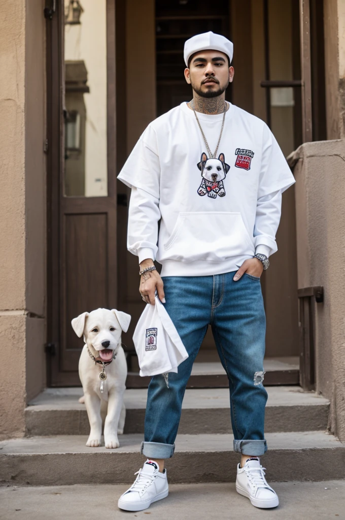 White puppy with cholo clothes