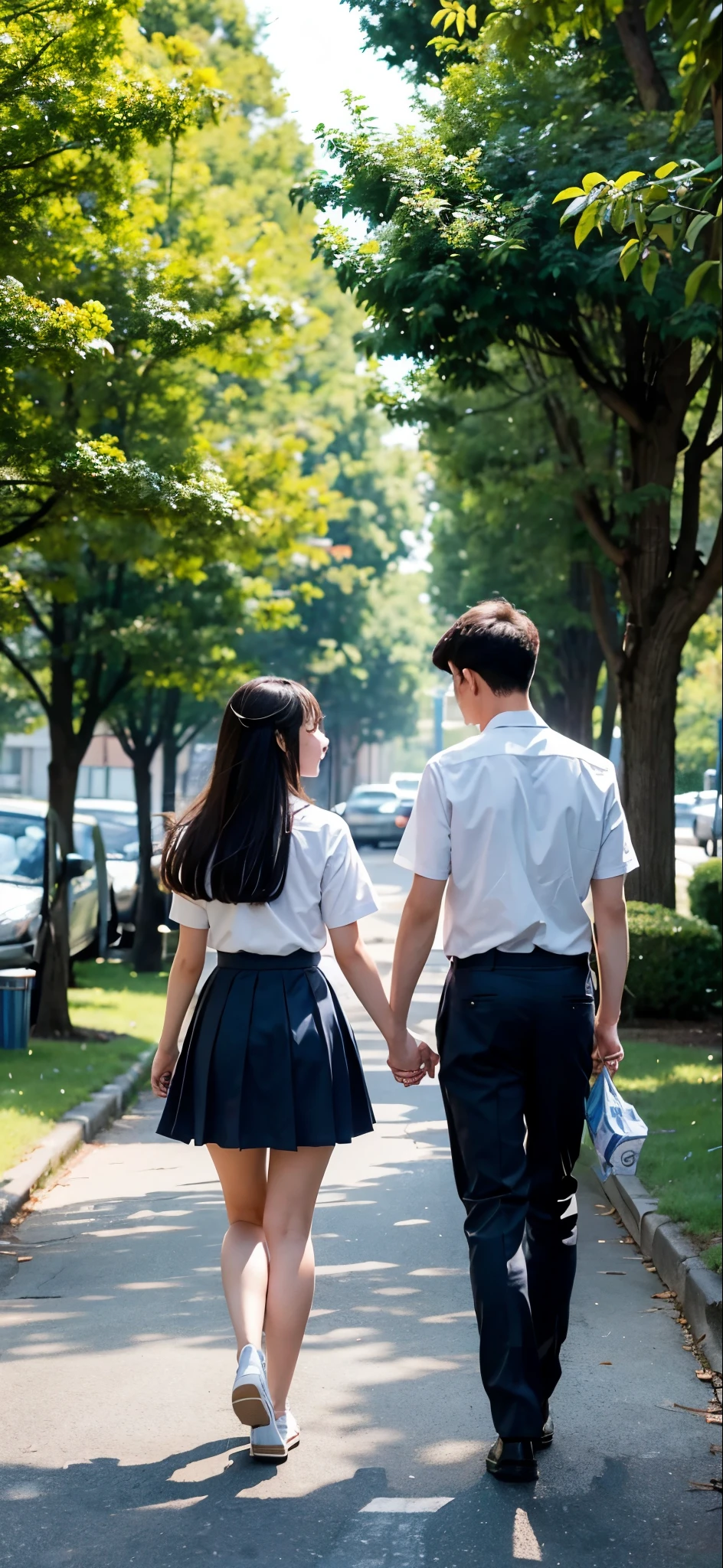 Create an image of a high school couple in summer uniforms walking home holding hands on a tree-lined street after school.。In the back。Photographing the school building。