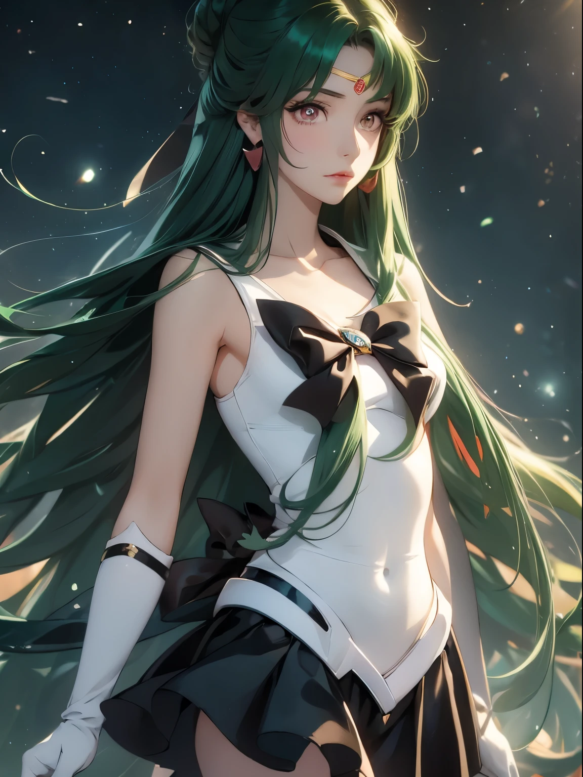 sailor pluto, 1 girl, dark green hair, long hair, brown eyes, detailed eyes, simple background, female focus, alone, Standing, Setsuna Meio, portrait, full body, (Masterpiece:1.0), (best quality:1.0 ), (wallpaper 8k:1.0), (detailed beautiful face:1.0), (detailed deep eyes), deep eyes, looking at viewer, sailor scout, brown bow on chest, brown skirt, white gloves,