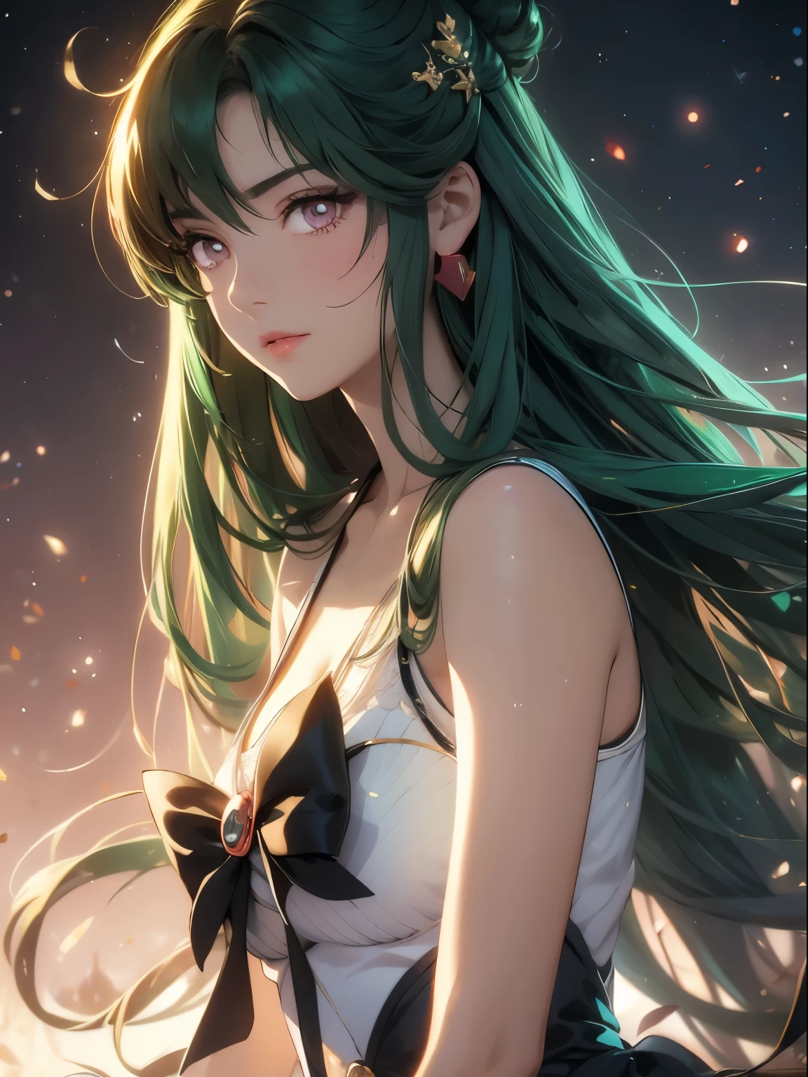 sailor pluto, 1 girl, dark green hair, long hair, brown eyes, detailed eyes, simple background, female focus, alone, Standing, Setsuna Meio, portrait, full body, (Masterpiece:1.0), (best quality:1.0 ), (wallpaper 8k:1.0), (detailed beautiful face:1.0), (detailed deep eyes), deep eyes, looking at viewer, sailor scout, brown bow on chest, brown skirt, white gloves,