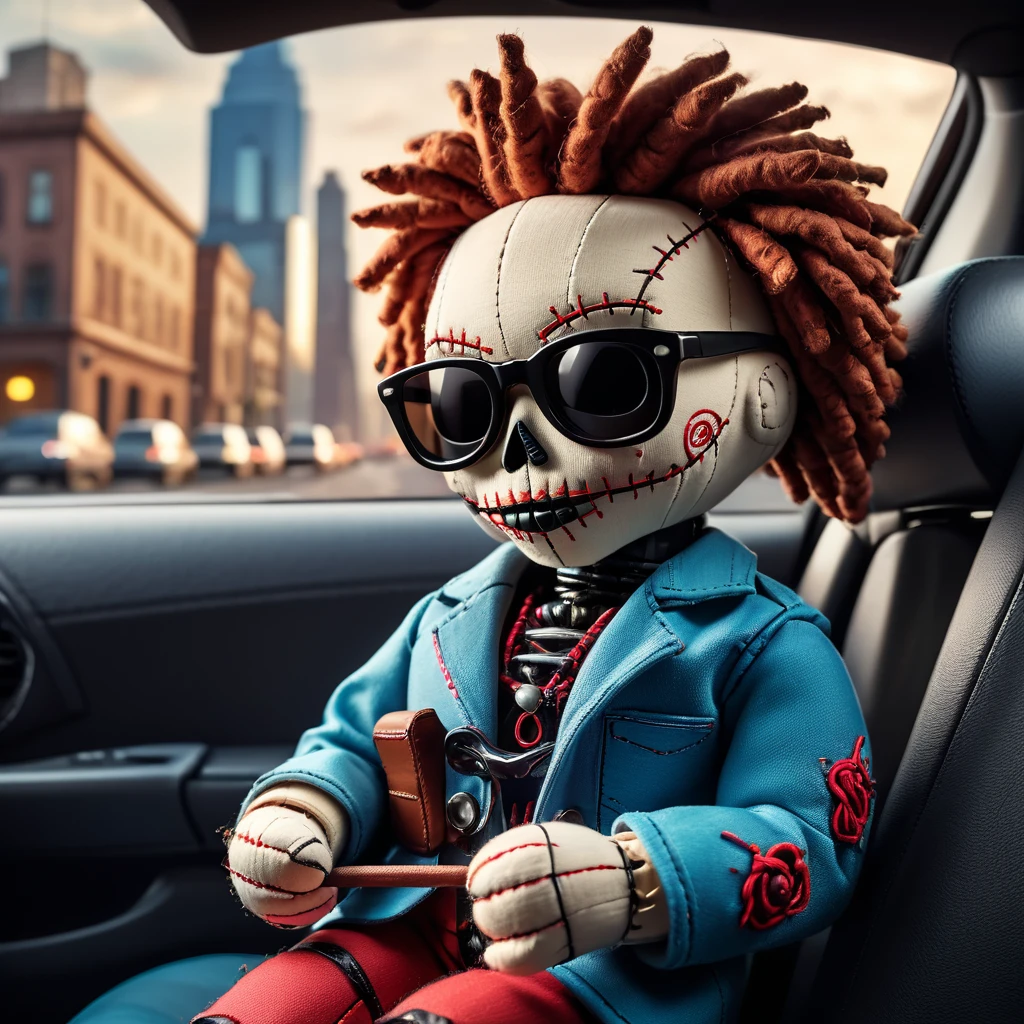 (knitted toy voodoo doll:1.7), (driving a car with sunglasses:1.4), (Clothing: casual driver's outfit:1.0), (Accessories: steering wheel, glasses:1.1), (background: car interior with cityscape visible through windows:1.2), best quality, masterpiece, detailed soft oil painting, detailed background, dramatic cinematic lighting, soft edge lighting, professional, dramatic lighting, hard edge lighting, ultra quality, 4k,masterpiece, best quality, 8k, ultra highres, highres, extremely detailed