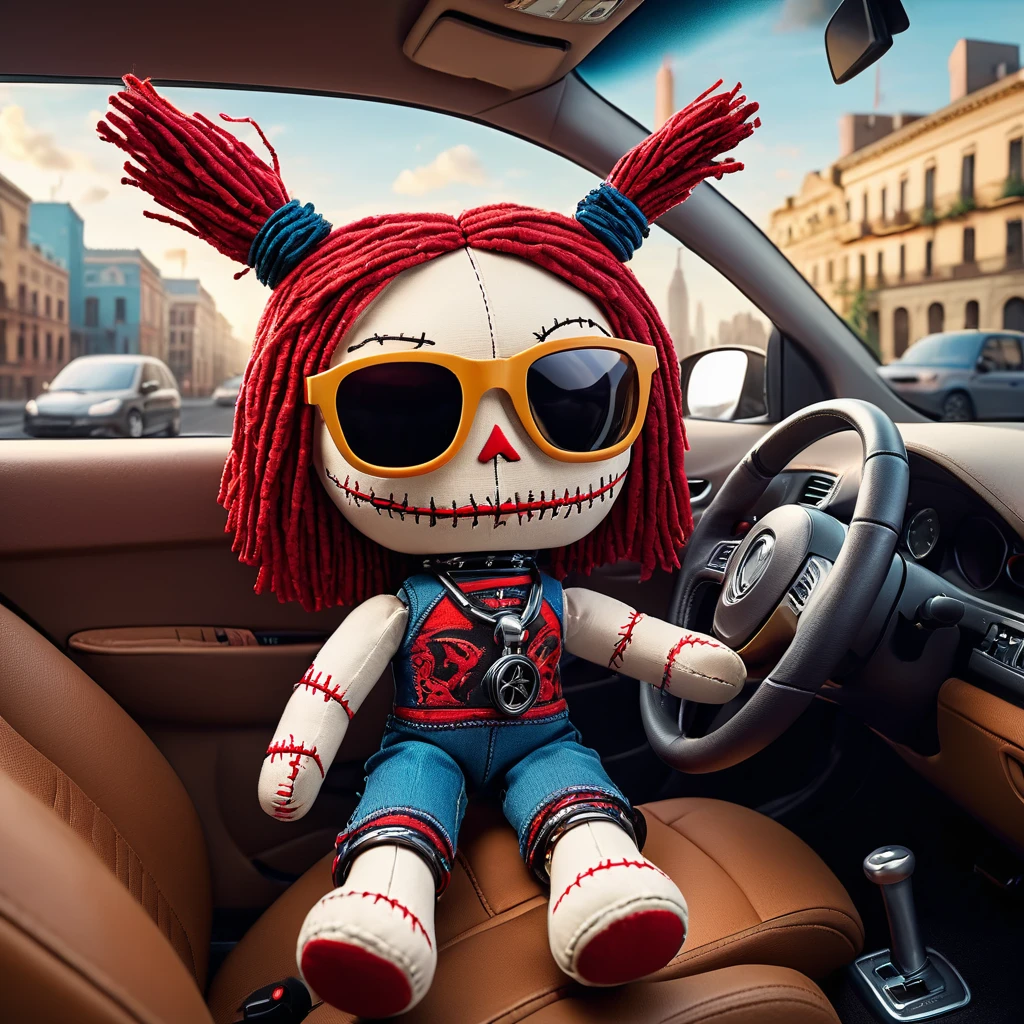 (knitted toy voodoo doll:1.7), (driving a car with sunglasses:1.4), (Clothing: casual driver's outfit:1.0), (Accessories: steering wheel, glasses:1.1), (background: car interior with cityscape visible through windows:1.2), best quality, masterpiece, detailed soft oil painting, detailed background, dramatic cinematic lighting, soft edge lighting, professional, dramatic lighting, hard edge lighting, ultra quality, 4k,masterpiece, best quality, 8k, ultra highres, highres, extremely detailed