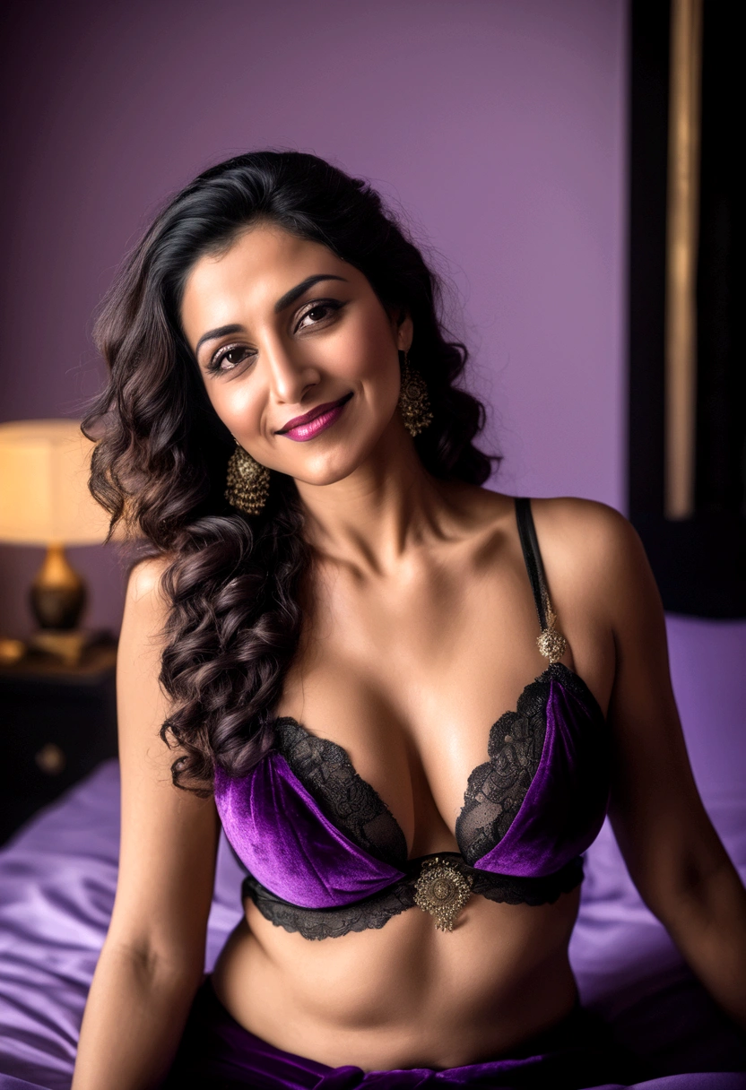 40-year-old arabic woman Black bra Purple velvet pants Smirk Lying on bed