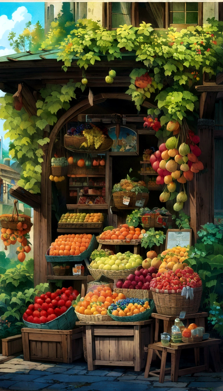 there is a painting of a fruit stand with baskets of fruit, colored fruit stand, ( asaf hanuka ), background art, very detailed digital painting, anime background art, highly detailed digital painting, ghibli studio style, the vibrant echoes of the market, ghibli studio anime style, amazing wallpaper, colored market stand, ghibli artstyle, background artwork, amazing food illustration