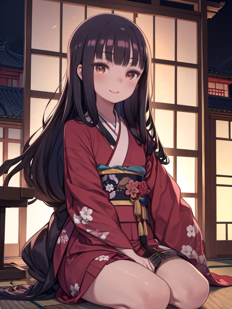 One Woman、Wear a beautiful kimono、Black Hair、Straight Long Hair、Red eyeshadow、lipstick、With a shamisen、Play a musical instrument、Old Japan Mansion、seiza、Watching the audience、Grin、The corners of the mouth turn up、night、