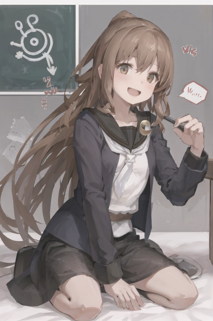 (masterpiece), (Highest quality), (Super detailed), ((Very delicate and beautiful)), One girl, 独奏, July, Cowboy Shot, Black Sailor Suit, White neckerchief, Crescent Pin, (very long hair), ponytail, smile, Flat Chest, belt, Black Skirt, chestnut mouth, Sitting, ○n bed, sp○ken questi○n mark,  ind○○rs, Detailed iris, young, , :○