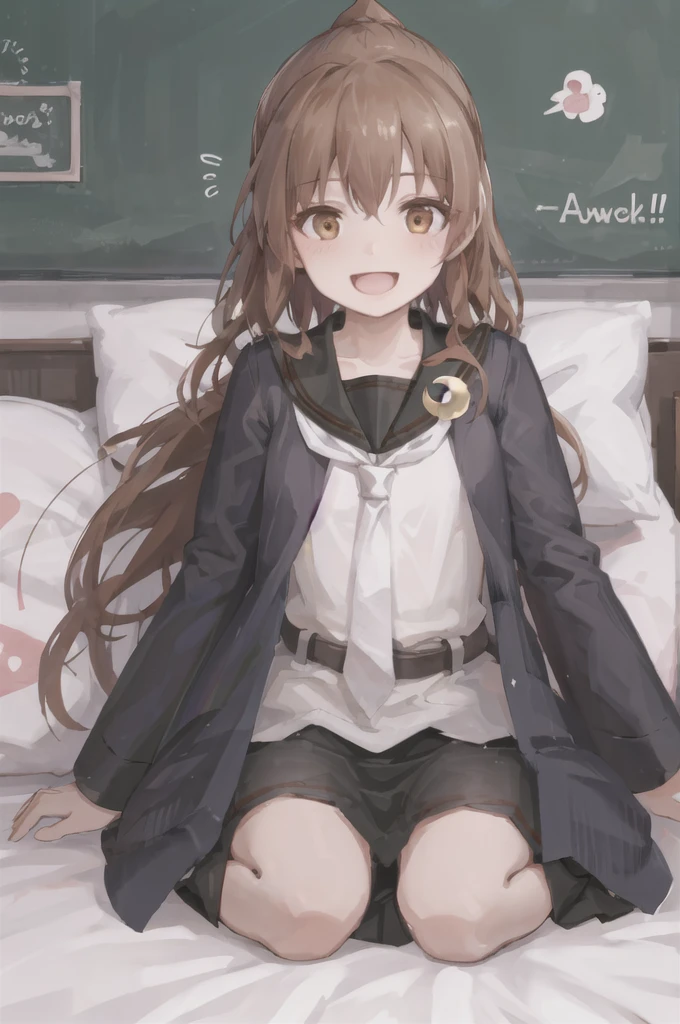 (masterpiece), (Highest quality), (Super detailed), ((Very delicate and beautiful)), One girl, 独奏, July, Cowboy Shot, Black Sailor Suit, White neckerchief, Crescent Pin, (very long hair), ponytail, smile, Flat Chest, belt, Black Skirt, chestnut mouth, Sitting, ○n bed, sp○ken questi○n mark,  ind○○rs, Detailed iris, young, , :○