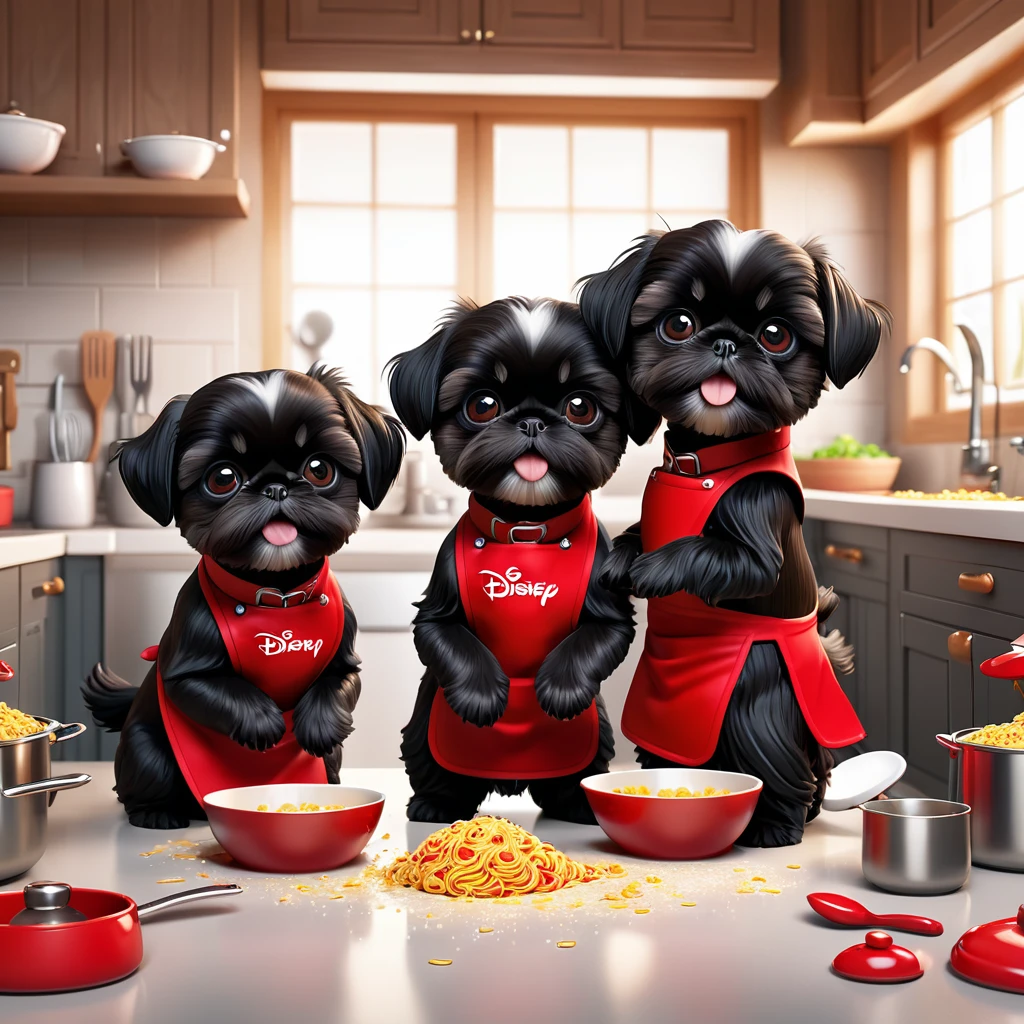 2 Adorable small black Shih Tzu puppies wearing red collars and aprons playing, dishes making a food mess in Disney kitchen 3d cartoon, 3d render, disney pixar style