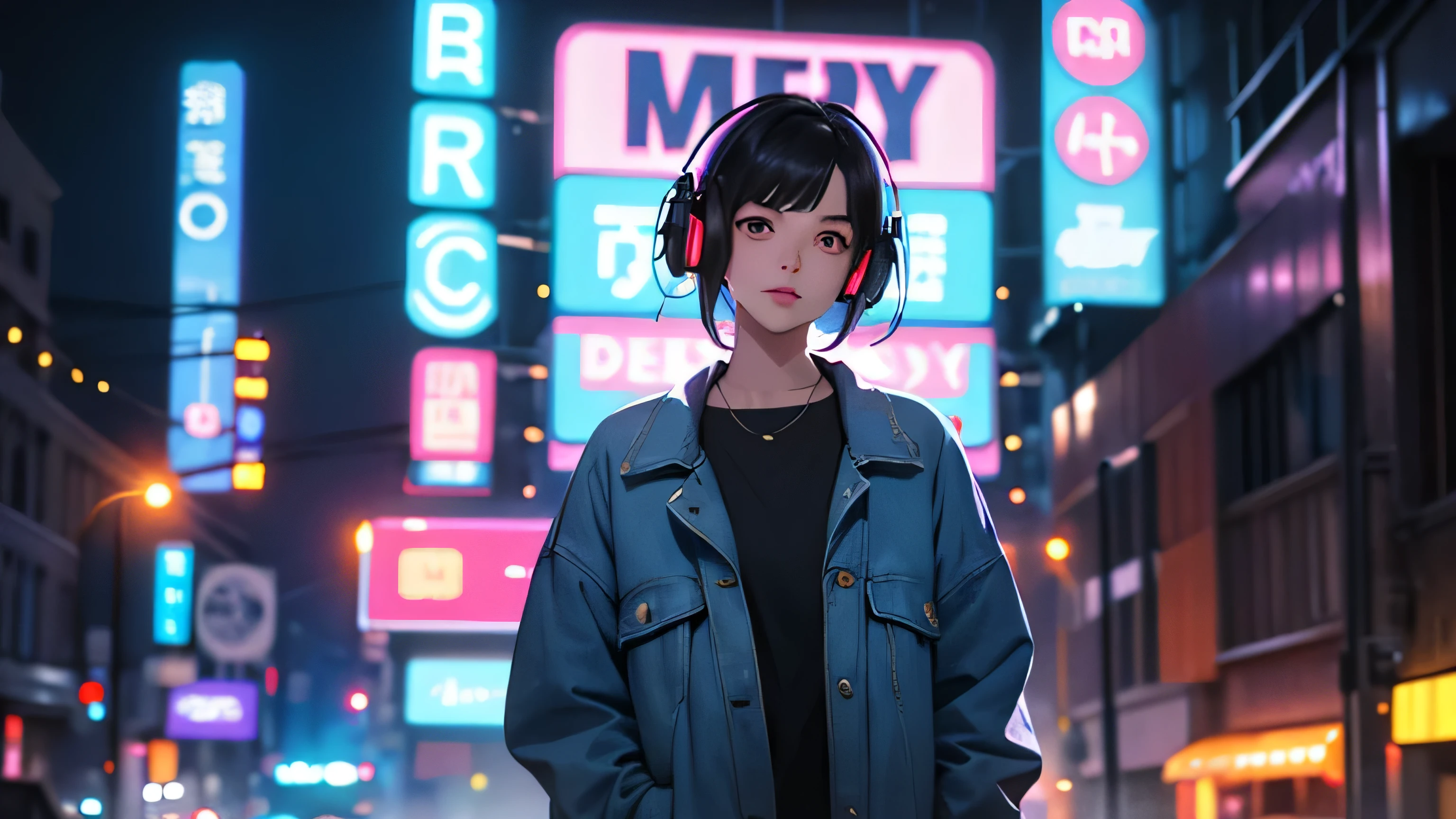 A young woman with short dark hair, wearing oversized headphones and a casual outfit like a loose sweater or jacket Neon signs in various colors, particularly red, blue, and purple, illuminating the scene Wet streets reflecting the neon lights, creating a mirror-like effect Soft focus or slight blur to create a dreamy atmosphere A few distant silhouettes of people or cars to suggest a living city Subtle touches of nostalgia, like a vintage store front or old-fashioned street lamps A color palette dominated by deep blues and purples, with pops of neon colors Light rain or mist to enhance the moody atmosphere