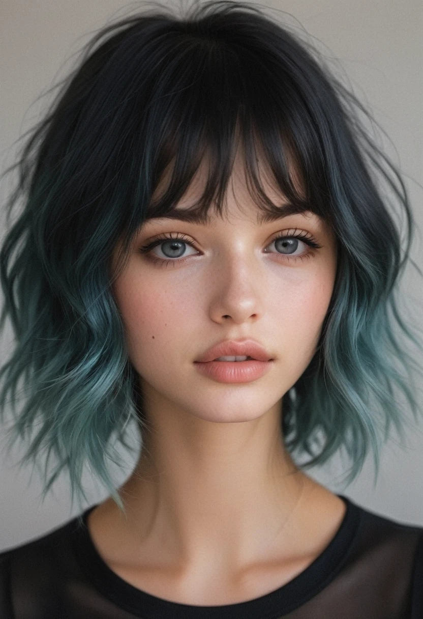 a 20yo american woman with short blue hair,black camisole,black halter top,big breast,realistic color palette,soft-focused realism,blue hair,short hair,blunt bangs,up half of body