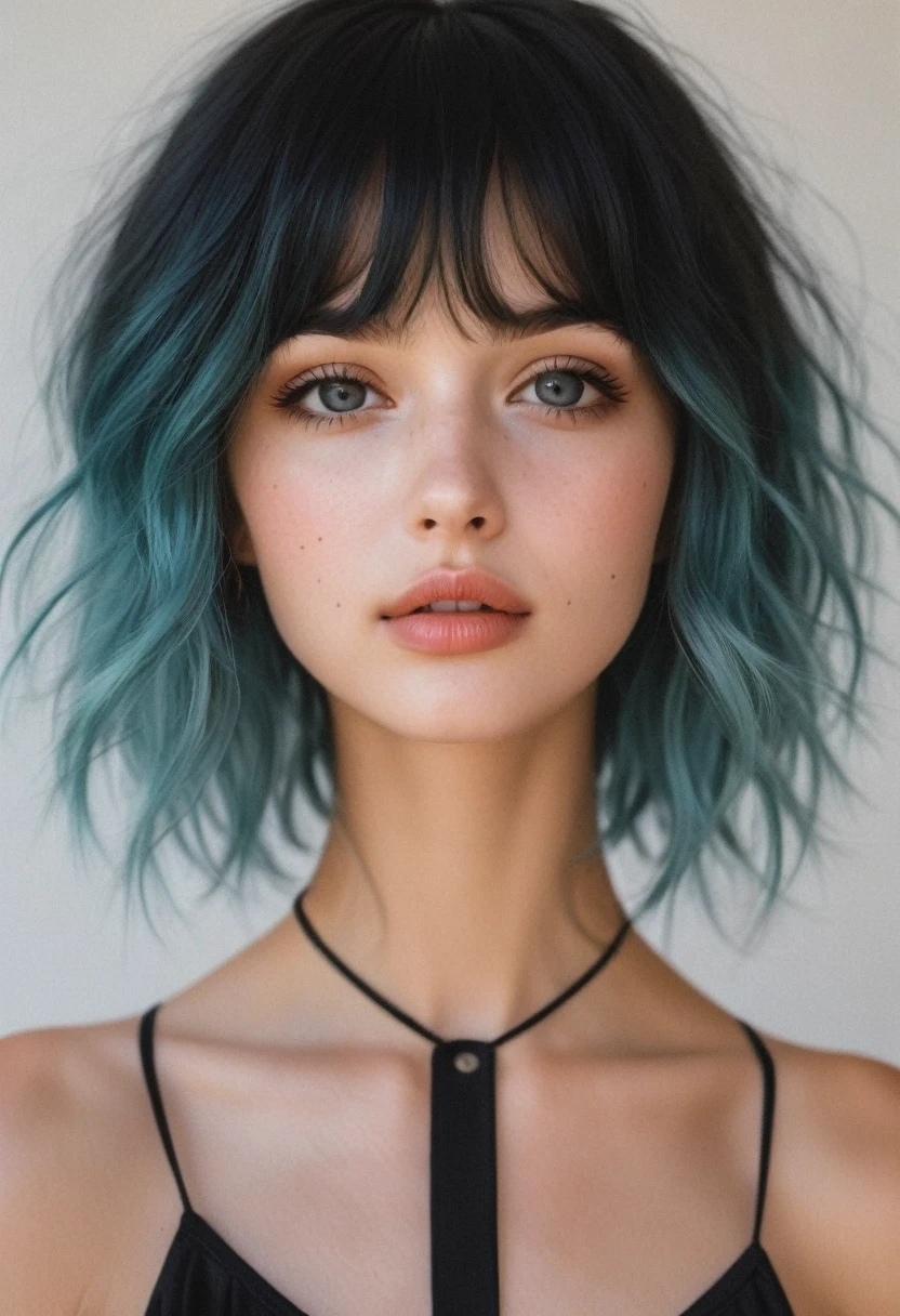 a 20yo american woman with short blue hair,black camisole,black halter top,big breast,realistic color palette,soft-focused realism,blue hair,short hair,blunt bangs,up half of body