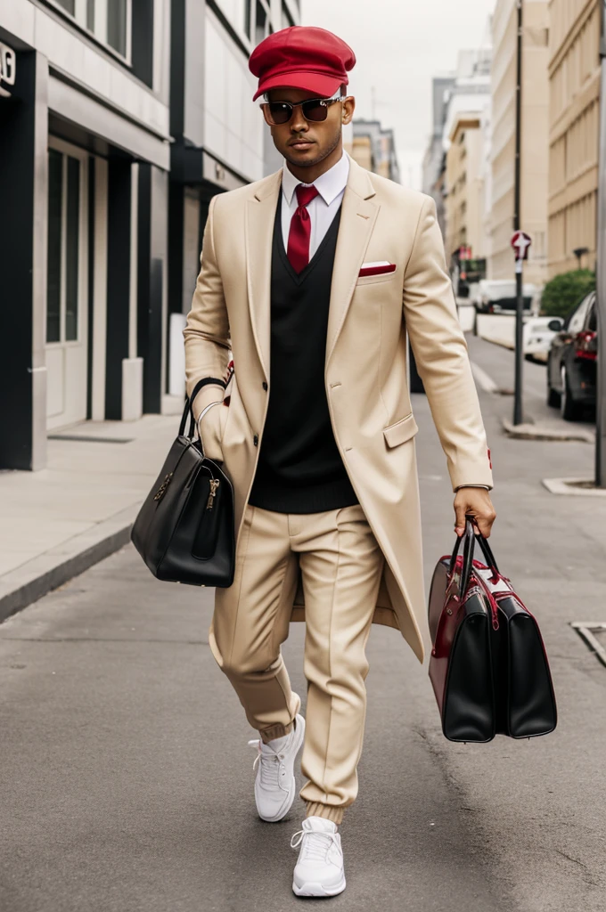 Beige coat, white formal shirt with cherry red sweatshirt, black tie, black jogger, white tennis shoes, with black cap, golden accessories and cherry red bag