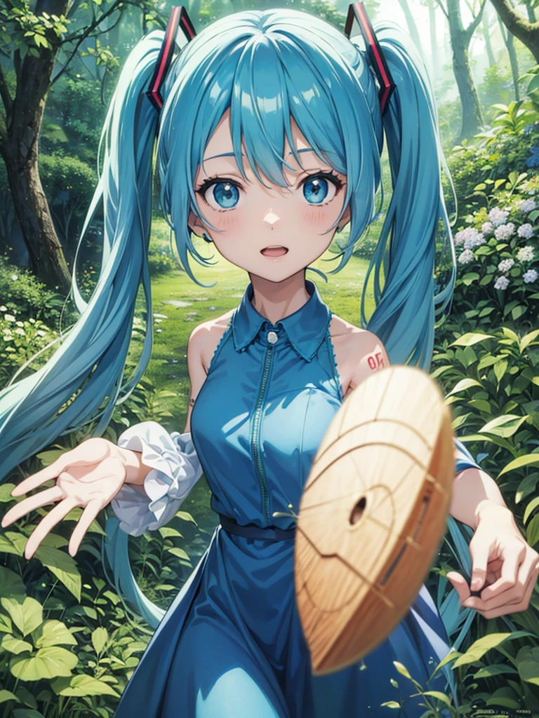 Anime girl in a blue dress running through a flowered forest, Official Anime Artwork, Official Artwork, HD artwork, high detailed Official Artwork, portrait of hatsune Miku, Detailed Key Anime Art, hatsune Miku, Anime Rush John 8k Woods, In a dress, hatsune Miku portrait, Miku, Anime Art Wallpapers 8K, Mikudayo, Official Art