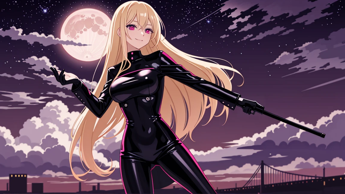 adult woman, anime pink eyes, long blonde hair, sexy black leather, smile, holding guitar, 4k hd, night city, moon