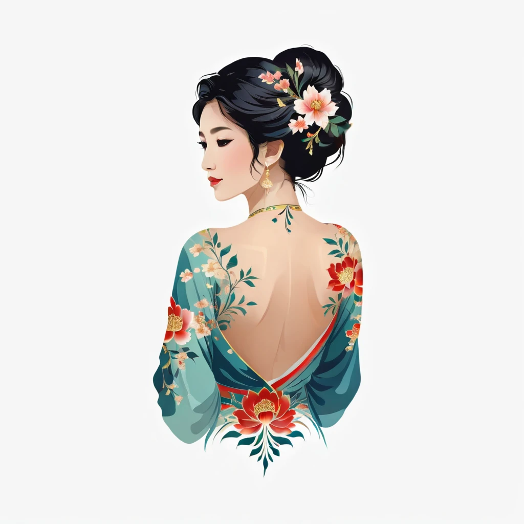 Woman with flower pattern, facing back, oriental illustration, transparent background