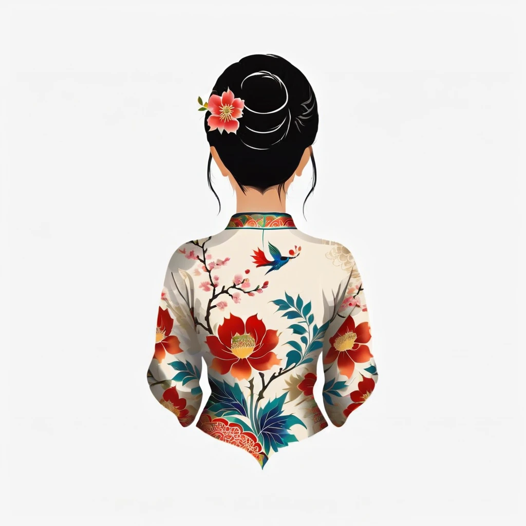 Woman with flower pattern, facing back, oriental illustration, transparent background
