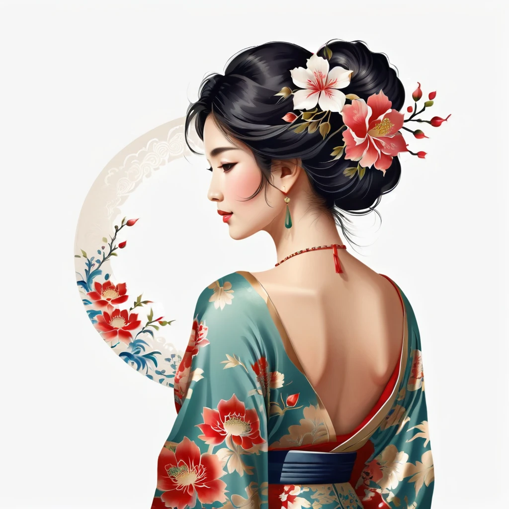 Woman with flower pattern, facing back, oriental illustration, transparent background