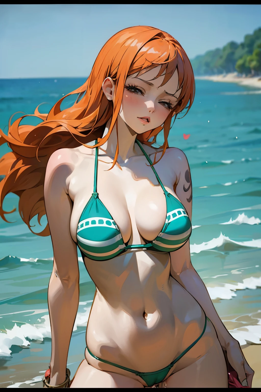 masterpiece, best quality, 1girl, looking at viewer, one piece, namiOP, bikini top, bikini bottom, solo, beach, cowboy shot, come-on, temptation, wanostyle, large breasts, seductive,a come-hither face, parted lips, half-closed eyes , love juice flows out of her pussy