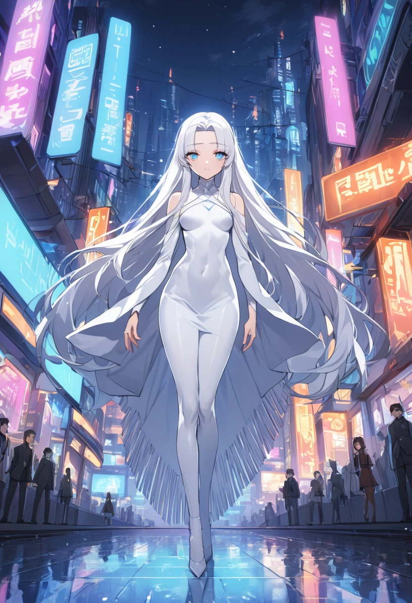 full length anime style image of a beautiful girl posing sexy. his body is thin flat. his skin is white as snow. his hair is completely white and straight. her hair reaches her shoulders. looking at the viewer with his calm gaze. His eyes are red like fire and he has black eyeliner.. his hairstyle has a fringe on his forehead. He has a black bow on his head. dressed in a short, completely white and tight dress that shows the shape of her sexy body. in the background a futuristic city with neon colors