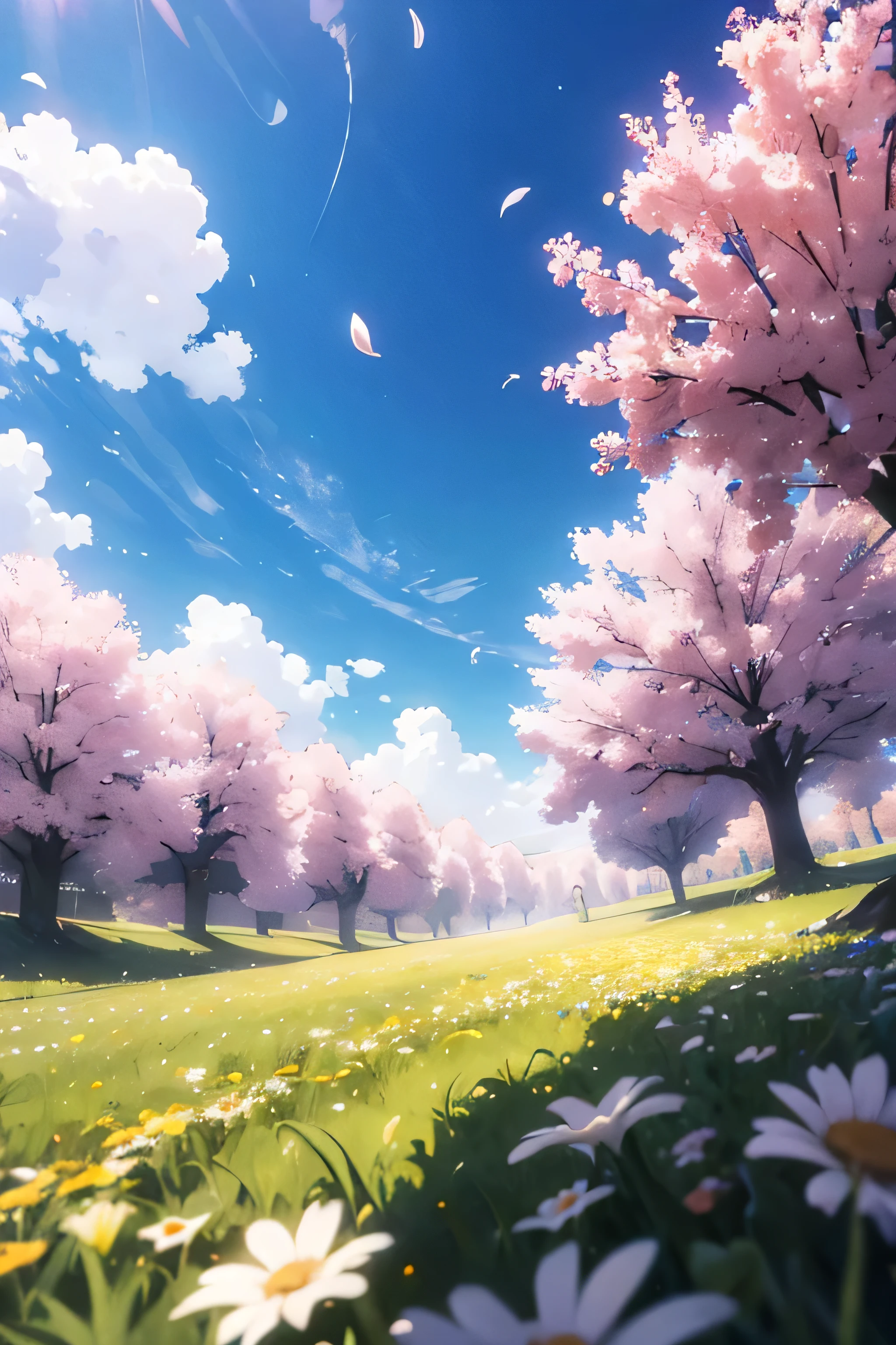 Field of flowers, and petals flying, Open field . Animation scene, anime, 3D
