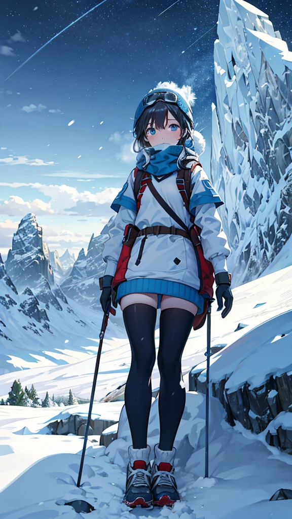 Frozen lifeless body Partially covered with ice Wear climbing clothes. Sometimes an oxygen mask and an oxygen tank can be seen nearby. Thick sweater, gloves, thick socks, hiking shoes. Snow goggles, beanie, or hiking hat on steep snow slopes. You can see the high mountains around you. The sky is bright blue or has white clouds. The weather is very cold, the wind is strong, and snow is everywhere. There are signal flags and ropes used for climbing. Sometimes the atmosphere is quiet. Looks empty and lonely The atmosphere is cold and gloomy.