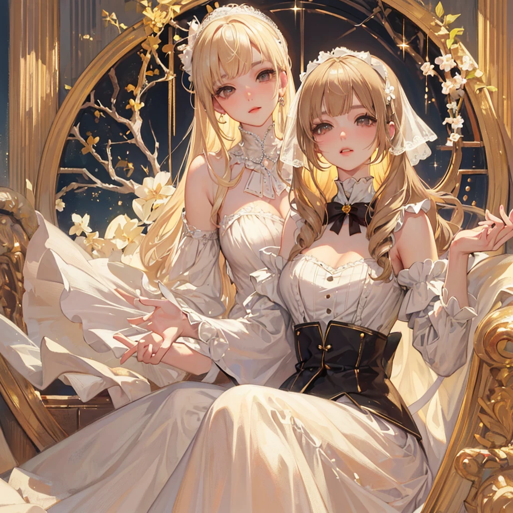 ((Masterpiece)), high quality, super detailed, blonde hair + white clothing: 1.2, sweet and delicate girl, bjd, lolita, delicate facial features, perfect figure, face with pearl decoration, surrounding bubbles, bright bright colors, romantic long hair, natural light, warm and sweet, brown eyes, gorgeous hair decoration.