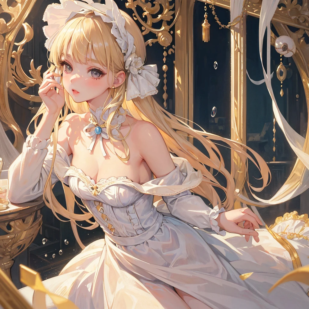 ((Masterpiece)), high quality, super detailed, blonde hair + white clothing: 1.2, sweet and delicate girl, bjd, lolita, delicate facial features, perfect figure, face with pearl decoration, surrounding bubbles, bright bright colors, romantic long hair, natural light, warm and sweet, brown eyes, gorgeous hair decoration.