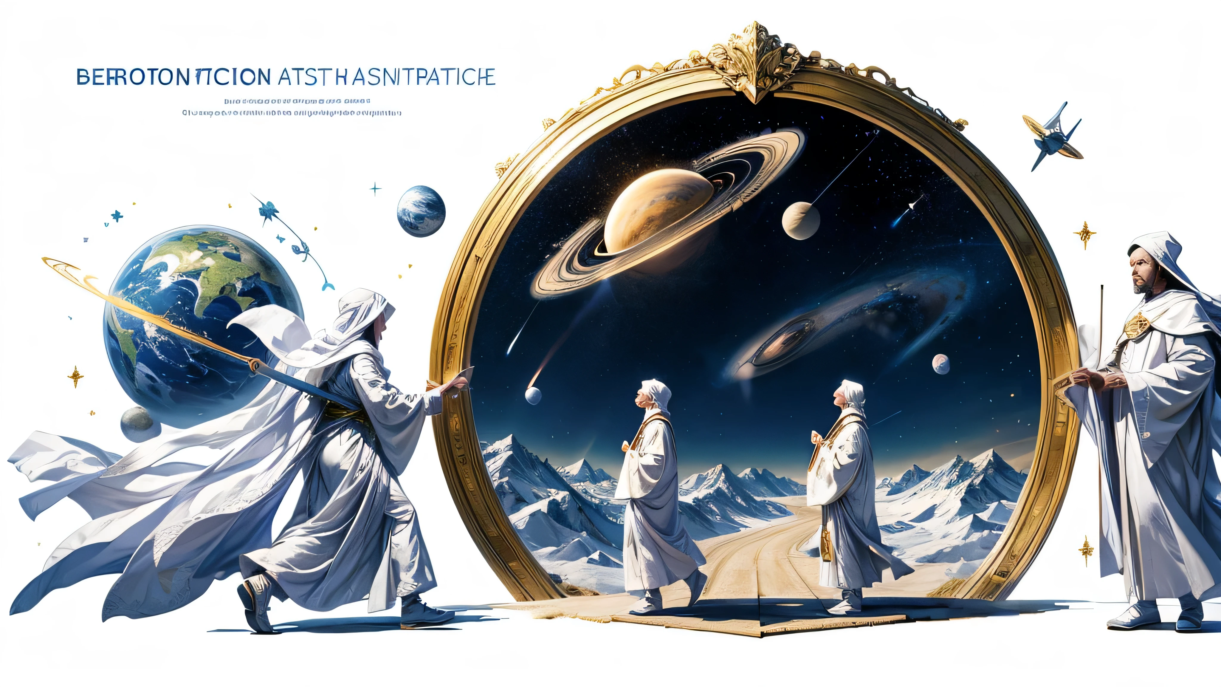 
astrological events Beautiful landing page on white background Vector with people going on a pilgrimage without text and surrounding planets.