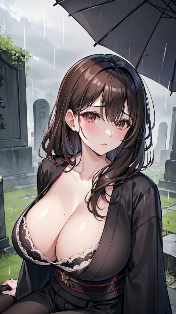 Wife 30 years old,widow,tie up brown hair,Black Kimono,Lipstick,Huge big breasts,rain,cloudy day,sorrow,sit down,Disheveled,Showing cleavage,Soaked all over,Japan Cemetery