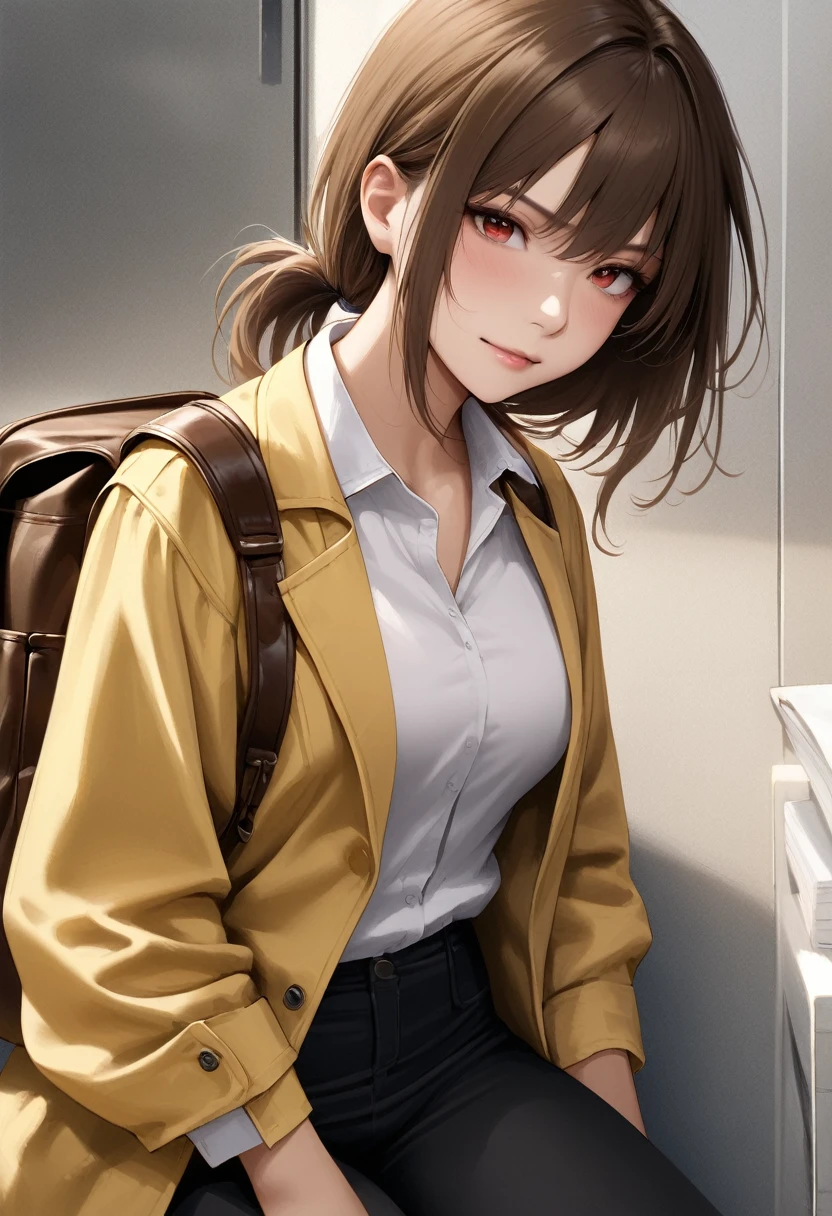 (adult), (woman) ((tall)), ((Elana From Library of ruina)), masterpiece, best quality, very aesthetic, absurdres, shiny skin, Perfect face, Perfect shadowing, Perfect cloathing, skindentation, brown hair, messy fuss hair, short pum pony tail, red eyes, plain white shirt, Yellow coat, black pants, leather side backpack, (faint smile), realistic anime style, ((draw by Asura)).