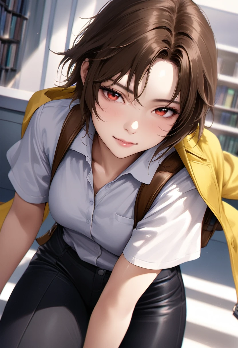 (adult), (woman) ((tall)), ((Elana From Library of ruina)), masterpiece, best quality, very aesthetic, absurdres, shiny skin, Perfect face, Perfect shadowing, Perfect cloathing, skindentation, brown hair, messy fuss hair, short pum pony tail, red eyes, plain white shirt, Yellow coat, black pants, leather side backpack, (faint smile), realistic anime style, ((draw by Asura)).