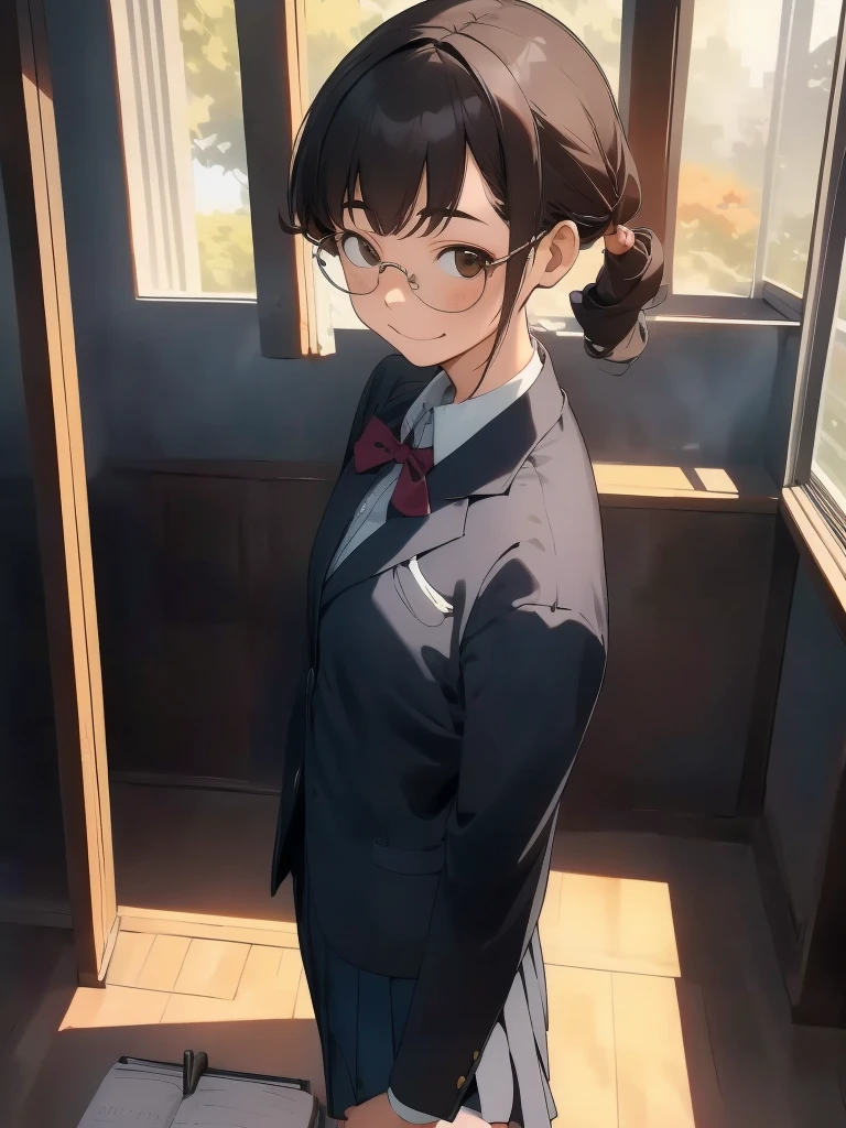 Character Features - Hairstyle：Wavy Brown Hair - Gender：High school girl - Bangs：Diagonal Parting - Accessories：Glasses costume - Blazer uniform perspective angle - Mid shot（From the waist up）
- 少し斜めからのアングル

背景
- 放課後の教室
- 夕陽が差し込む窓

季節・雰囲気
- autumnの午後
- オータム（autumn）

Light and Shadow - Soft shadows cast by the setting sun and other elements - Textbooks and notebooks - Japan - The viewer watches her do her homework