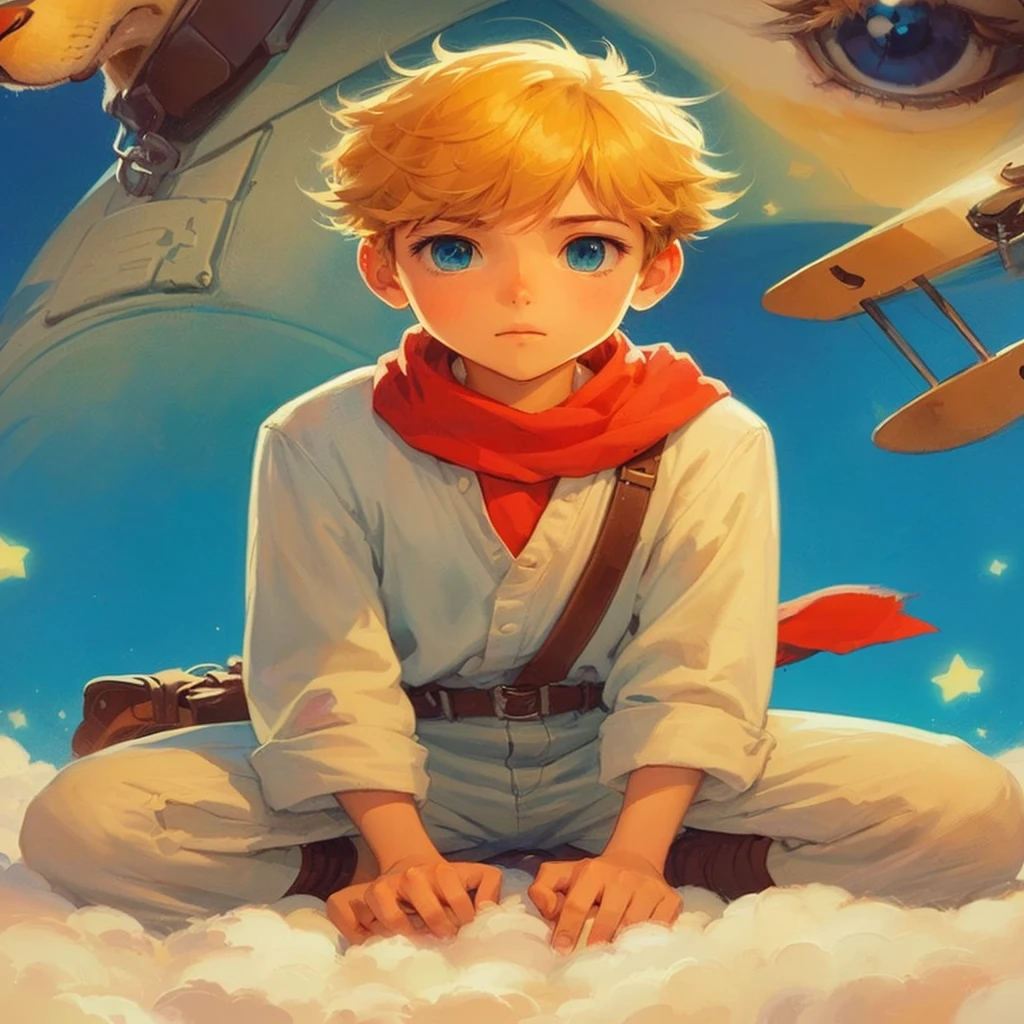 a cartoon of a boy sitting on a cloud with a dog, the little Prince, in the style of atey ghailan, anime key art, Artgerm and Atey Ghailan, Lucas Arts Aventura, Atey Ghailan 8K, concept art of a single guy, animated film, ghibli art style, ghibli animated film