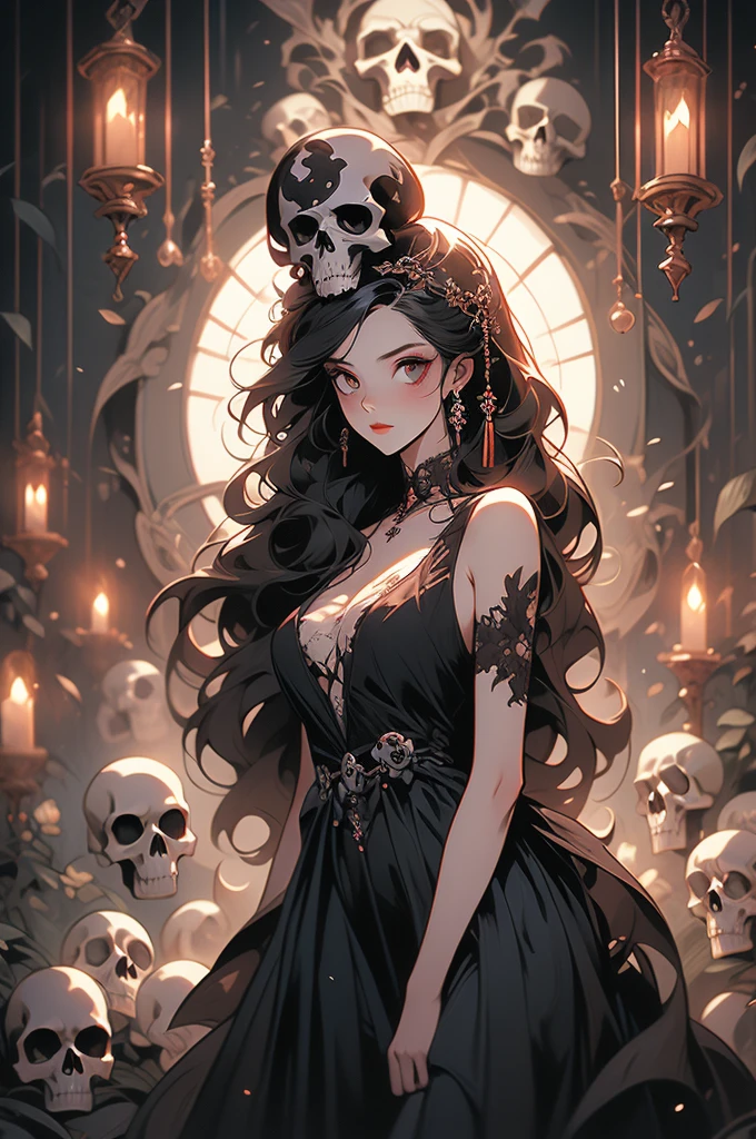 a painting of a woman with long hair and skulls on her head, goddess of death, by loish, beautiful necromancer, by Ryan Yee, by Pedro Pedraja, art contest winner on behance, corpse bride art style, by Juan Villafuerte, loish |, by Eddie Mendoza, by Max Buri, by André Castro
