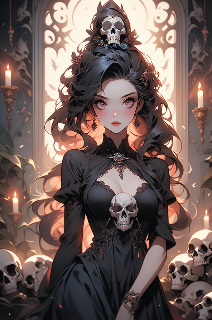 a painting of a woman with long hair and skulls on her head, goddess of death, by loish, beautiful necromancer, by Ryan Yee, by Pedro Pedraja, art contest winner on behance, corpse bride art style, by Juan Villafuerte, loish |, by Eddie Mendoza, by Max Buri, by André Castro