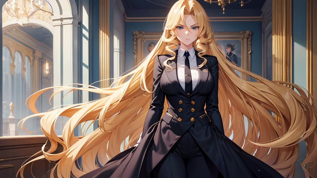 She is a tall blonde, with long golden blonde hair styled entirely in large coils. She is 30 years old and has green eyes, and wears a blue suit, always elegant. As school director, she dresses accordingly, with a seductive and imposing style. The woman looked at me with disdain, an expression of complete intimidation. Your attitude is as arrogant as it is impressive.
Your dress clings to your body, doubling its impact power when used by an attractive, confident woman. With a pretty face that doesn't fade even when you frown in annoyance, She's an impressive woman, with beautiful blonde hair and red eyes that match well. Your style is worthy of an anime, highlighting her striking presence has long golden blonde hair styled entirely in large coils