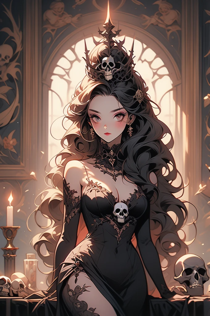 a painting of a woman with long hair and skulls on her head, a gouache by loish, Artstation, gothic art, goddess of death, beautiful necromancer, art contest winner on behance, corpse bride art style, loish |, queen of death, skulls at her hips, jen bartel, beautiful necromancer girl