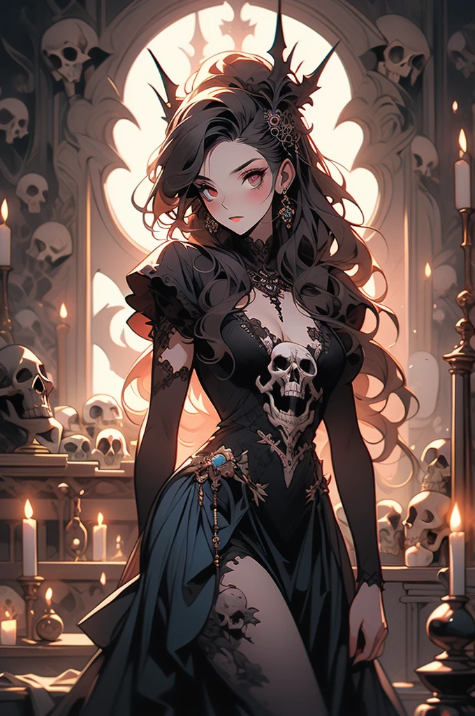a painting of a woman with long hair and skulls on her head, a gouache by loish, Artstation, gothic art, goddess of death, beautiful necromancer, art contest winner on behance, corpse bride art style, loish |, queen of death, skulls at her hips, jen bartel, beautiful necromancer girl