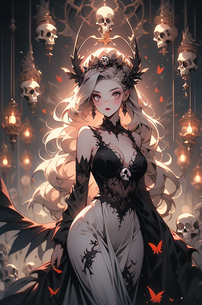 a painting of a woman with long hair and skulls on her head, a gouache by loish, Artstation, gothic art, goddess of death, beautiful necromancer, art contest winner on behance, corpse bride art style, loish |, queen of death, skulls at her hips, jen bartel, beautiful necromancer girl