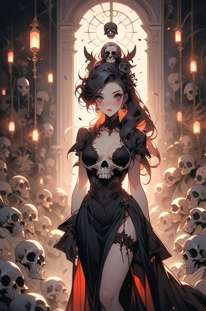 a painting of a woman with long hair and skulls on her head, a gouache by loish, Artstation, gothic art, goddess of death, beautiful necromancer, art contest winner on behance, corpse bride art style, loish |, queen of death, skulls at her hips, jen bartel, beautiful necromancer girl