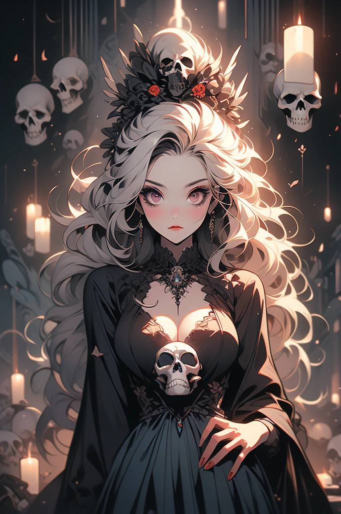 a painting of a woman with long hair and skulls on her head, goddess of death, by loish, beautiful necromancer, by Ryan Yee, by Pedro Pedraja, art contest winner on behance, ?????? bride art style, by Juan Villafuerte, loish |, by Eddie Mendoza, by Max Buri, by André Castro