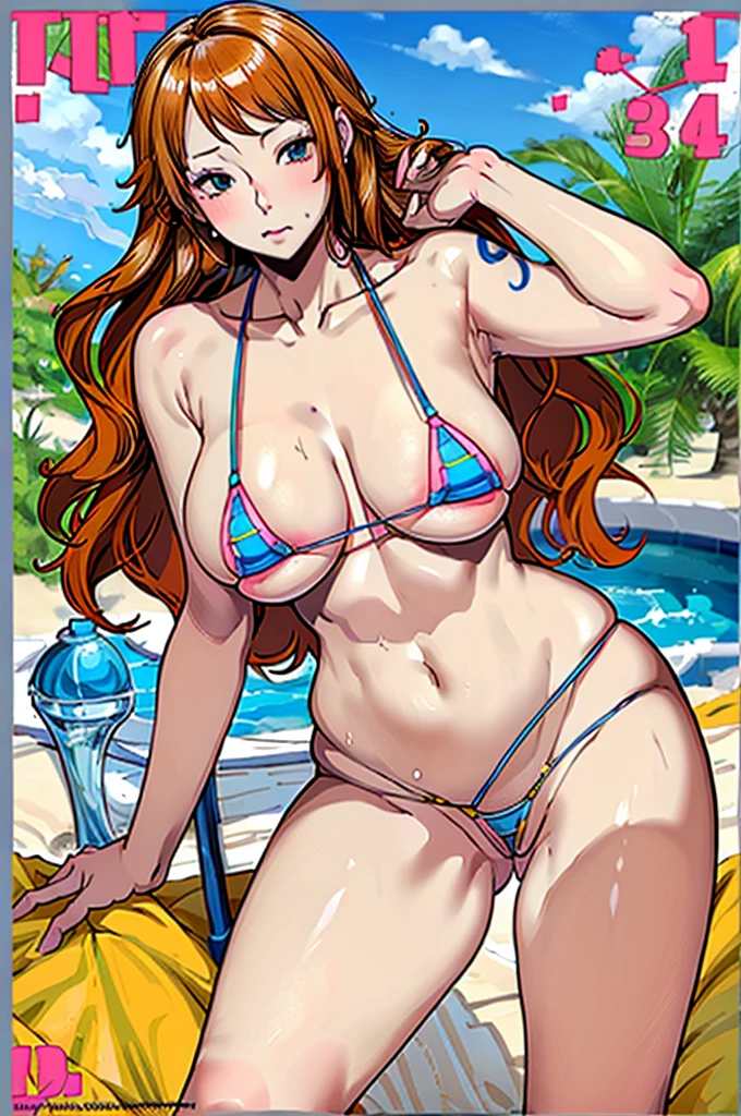 best quality, official art, masterpiece, textile shading, HDR, very detailed, colorful, best details, (Adult,19 years old, One Girl, alone, one peace nami:1.3, hentai:1.5, bitch, long hair, curly hair, brown hair, very colorful micro bikini:1.5, medium breast, puffy nipples:1.3, skinny:1.5, cameltoe:1.5, blue eye, public indecency:1.5, beach:1.5, contemptuous,