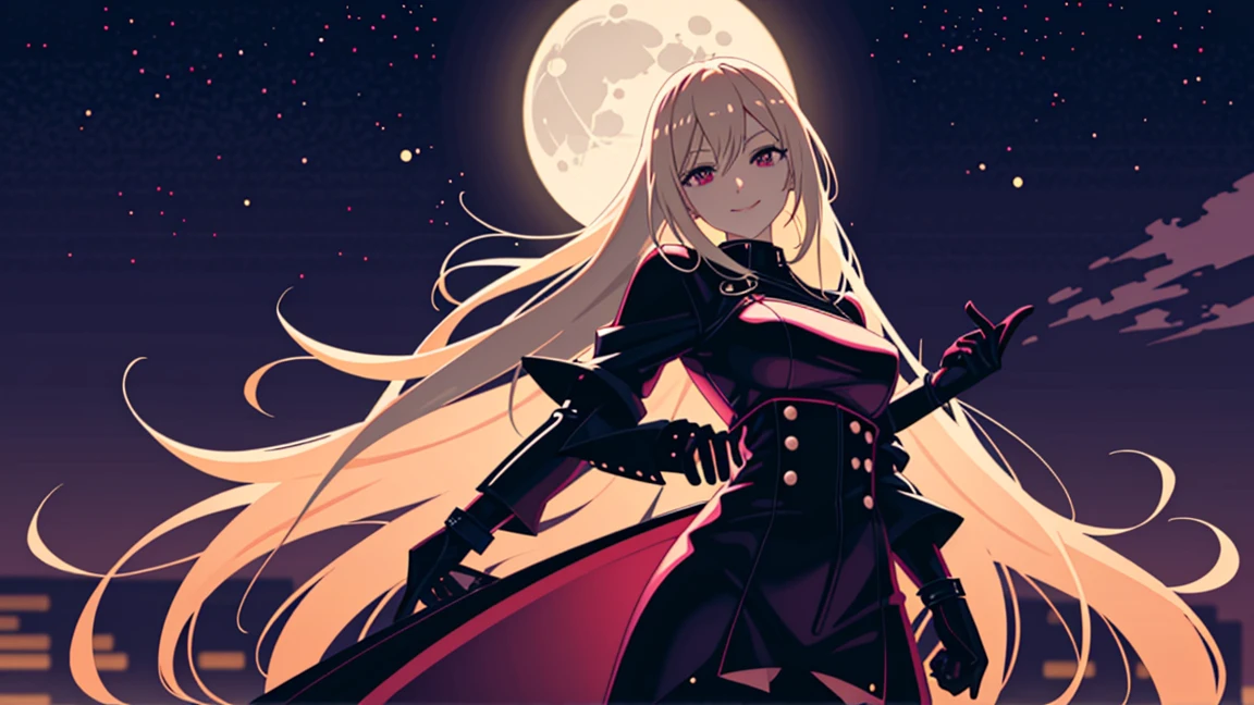 adult woman, anime pink eyes, long blonde hair, sexy black leather, smile, holding guitar, 4k hd, night city, moon