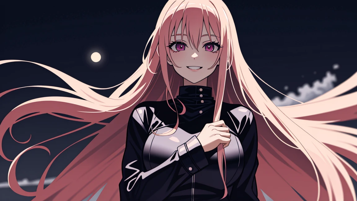 adult woman, anime pink eyes, long blonde hair, sexy black leather, smile, holding guitar, 4k hd, night city, moon